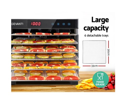 Devanti 6 Trays Commercial Food Dehydrator Stainless Steel Fruit Dryer FD-E-306-SS