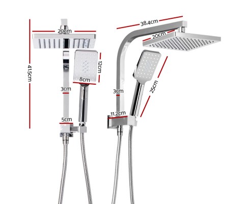 WELS Square 8 inch Rain Shower Head and Taps Set Bathroom Handheld Spray Brack SHOWER-A2-SQ-8-SI-TAP
