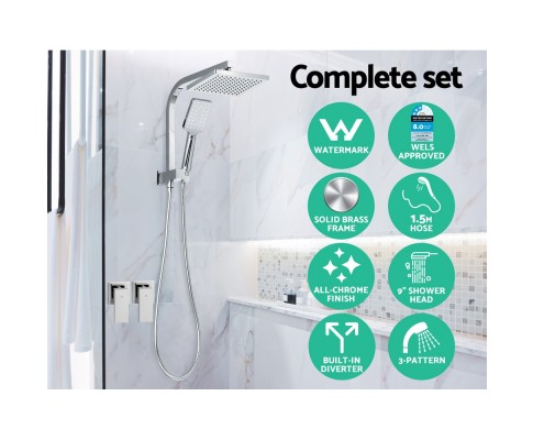 WELS Square 8 inch Rain Shower Head and Taps Set Bathroom Handheld Spray Brack SHOWER-A2-SQ-8-SI-TAP