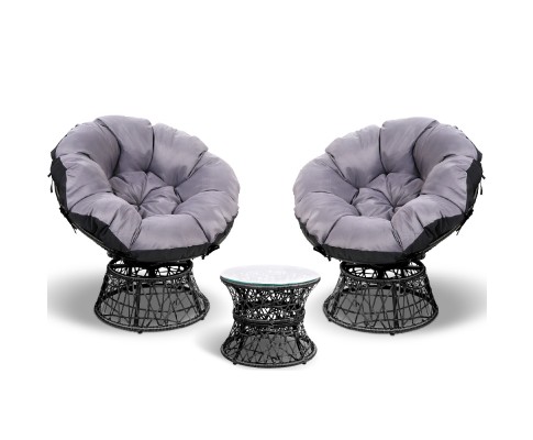 Gardeon Outdoor Lounge Setting Papasan Chairs Table Patio Furniture Wicker Black ODF-PAPASAN-TBCHX2-BK