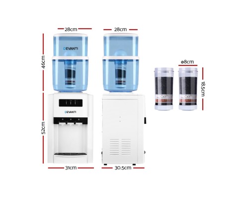 Devanti 22L Bench Top Water Cooler Dispenser Purifier Hot Cold Three Tap with 2 Replacement Filters WD-1103-22L-2FT-WH