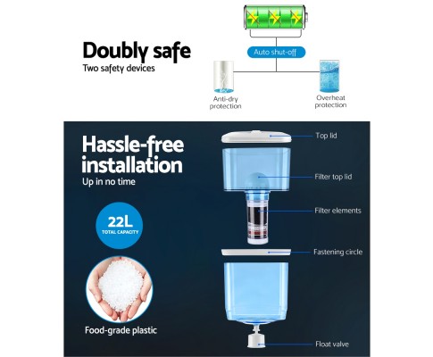 Devanti 22L Bench Top Water Cooler Dispenser Purifier Hot Cold Three Tap with 2 Replacement Filters WD-1103-22L-2FT-WH