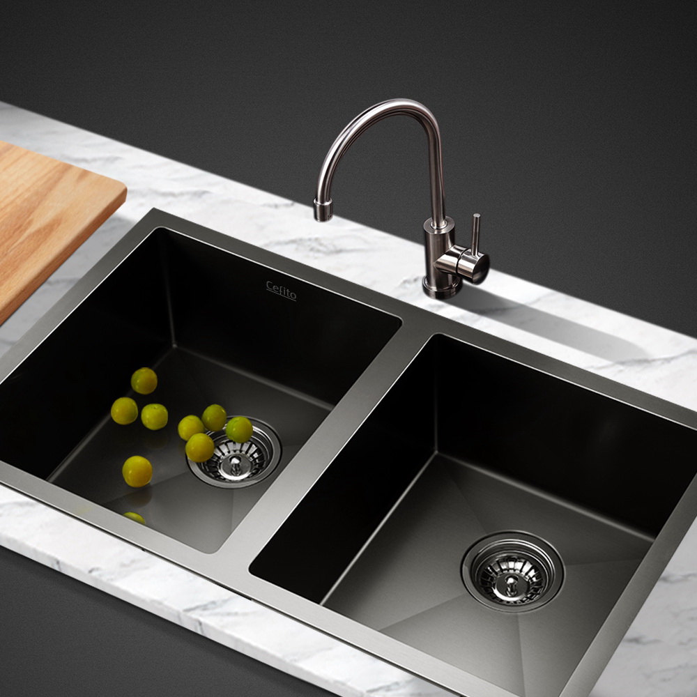 Cefito Kitchen Sink 77X45CM Stainless Steel Basin Double Bowl Black SINK-BLACK-7745 features Sound deadening pads. FREE Delivery*