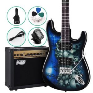 Alpha Electric Guitar And AMP Music String Instrument Rock Blue Carry Bag Steel String GUITAR-D-41-ELEC-SKULL-ACC