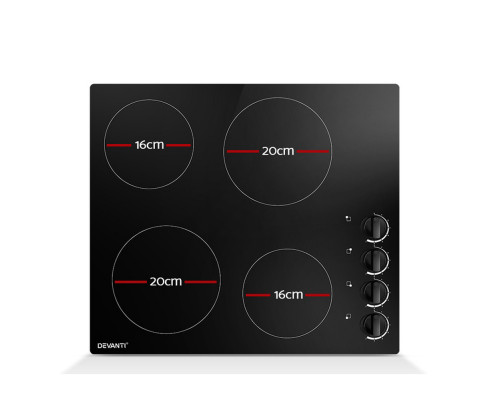 Devanti 60cm Ceramic Electric Cooktop 4 Zone Knobs Control CCT-B-4B-4Z-KNOB-BK