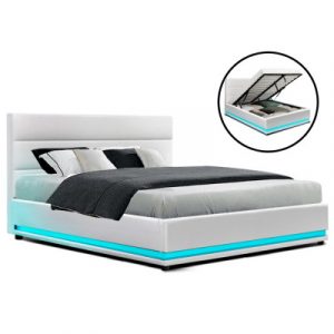 Artiss Lumi LED Bed Frame PU Leather Gas Lift Storage - White Queen BFRAME-E-LUMI-Q-WH-ABC