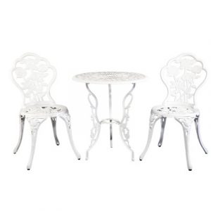 Gardeon 3PC Outdoor Setting Cast Aluminium Bistro Table Chair Patio White GB-CALU-3PC-XG1015-WH