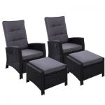 Gardeon 2PC Recliner Chairs Sun lounge Wicker Lounger Outdoor Furniture Adjustable Black ODF-RECLINER-CHOTM-BKX2
