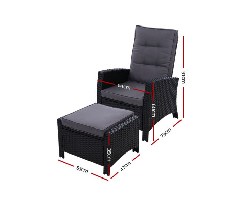 Gardeon 2PC Sun lounge Recliner Chair Wicker Lounger Sofa Day Bed Outdoor Chairs Patio Furniture Garden Cushion Ottoman ODF-RECLINER-CHOTM-BKX2