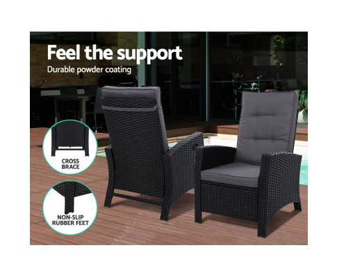 Gardeon 2PC Sun lounge Recliner Chair Wicker Lounger Sofa Day Bed Outdoor Chairs Patio Furniture Garden Cushion Ottoman ODF-RECLINER-CHOTM-BKX2