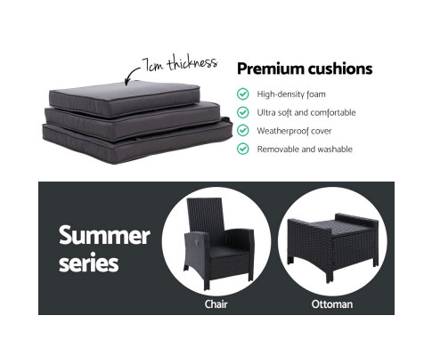 Gardeon 2PC Sun lounge Recliner Chair Wicker Lounger Sofa Day Bed Outdoor Chairs Patio Furniture Garden Cushion Ottoman ODF-RECLINER-CHOTM-BKX2