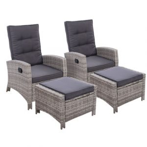 Gardeon 2PC Sun lounge Recliner Chair Wicker Lounger Sofa Day Bed Outdoor Chairs Patio Furniture Garden Cushion Ottoman ODF-RECLINER-CHOTM-GEX2