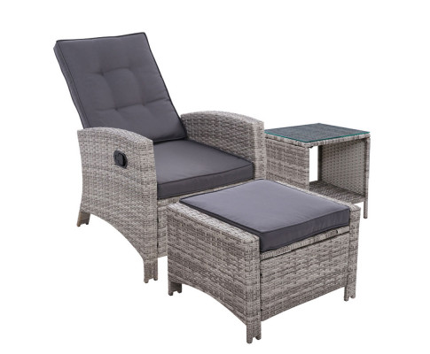 Gardeon Outdoor Setting Recliner Chair Table Set Wicker lounge Patio Furniture Grey ODF-RECLINER-CHOTTB-3GE