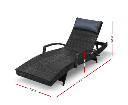 2 X Gardeon Sun Lounge Outdoor Furniture Wicker Lounger Rattan Day Bed Garden Patio Black FF-LOUNGE-ARM-P-BKX2
