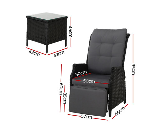 Gardeon Recliner Chairs Sun lounge Setting Outdoor Furniture Patio Wicker Sofa ODF-RCL-RW-FT-3BK