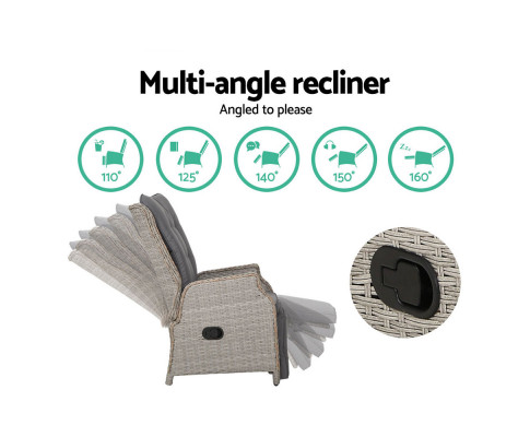 Gardeon Recliner Chairs Sun lounge Outdoor Furniture Setting Patio Wicker Sofa Grey 2pcs ODF-RCL-RW-FT-GEX2