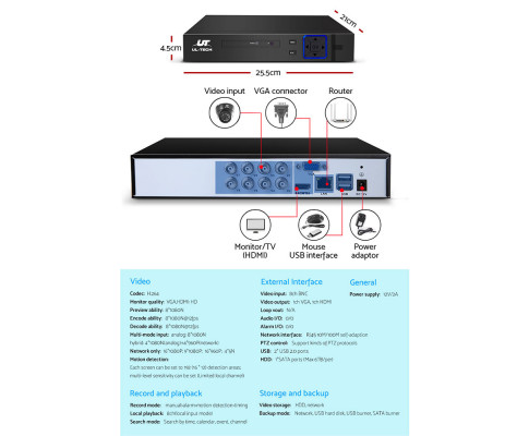 UL-tech CCTV 8 Dome Cameras Home Security System 8CH DVR 1080P 1TB IP Day Night CCTV-8C-8D-BK-T