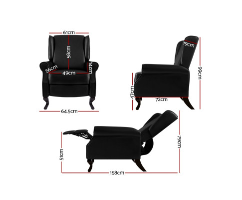 Artiss Recliner Chair Luxury Lounge Armchair Single Sofa Couch PU Leather Black RECLINER-A6-BK