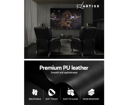 Artiss Recliner Chair Luxury Lounge Armchair Single Sofa Couch PU Leather Black RECLINER-A6-BK