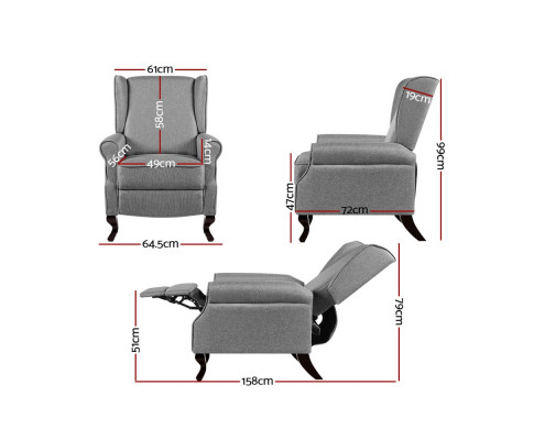 Artiss Recliner Chair Luxury Lounge Armchair Single Sofa Couch Fabric Grey RECLINER-A6-LIN-GY