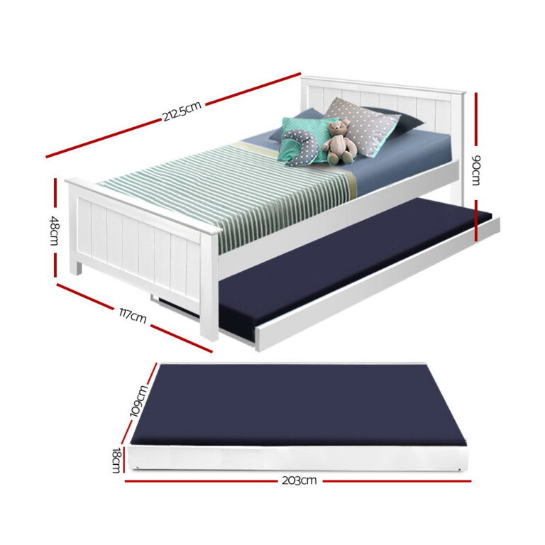 Artiss Wooden Trundle Bed Frame Timber Slat King Single Size White WBED-D-03KS-107-AB