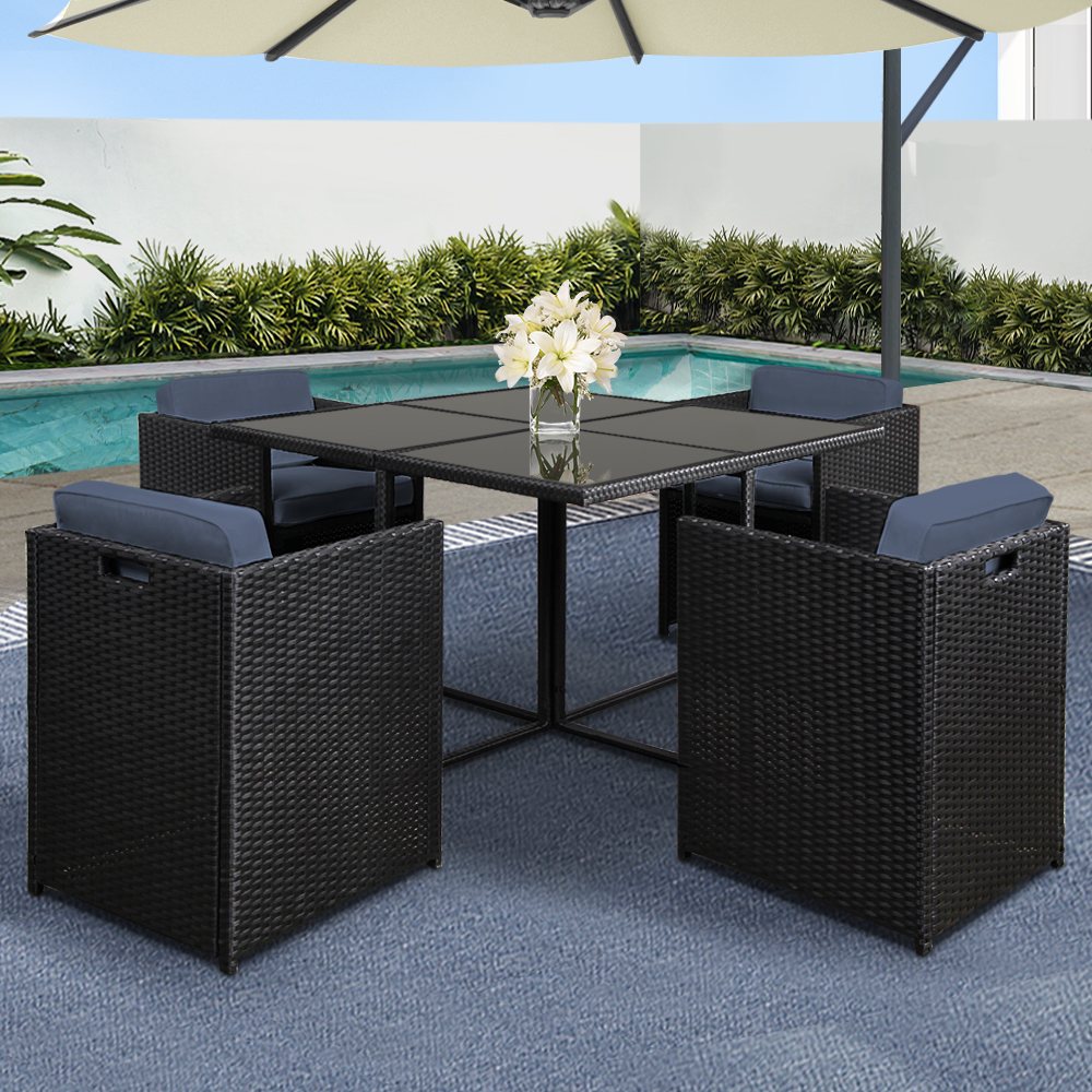 Gardeon 5 Piece Wicker Outdoor Dining Set - Black FF-DINING-5SET-BK