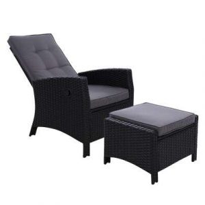 Gardeon Sun lounge Recliner Chair Wicker Lounger Sofa Day Bed Outdoor Furniture Patio Garden Cushion Ottoman Black ODF-RECLINER-CHOTM-BK