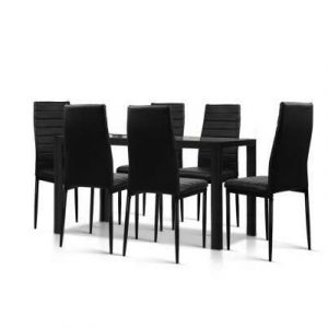 Artiss Astra 7-Piece Set Tempered Glass Dining Set Table and 6 Chairs Black DINING-B-T120-BK-ABC