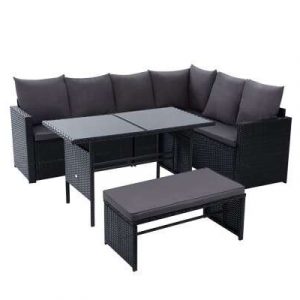 Gardeon Outdoor Furniture Dining Setting Sofa Set Lounge Wicker 8 Seater Black ODF-SDBOSS-1BENCH-BK
