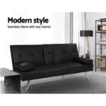 Artiss Sofa Bed Lounge Futon Couch 3 Seater Leather Cup Holder Recliner SBED-E-R1C-LEA168-BK