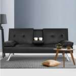 Artiss Sofa Bed Lounge Futon Couch 3 Seater Leather Cup Holder Recliner SBED-E-R1C-LEA168-BK