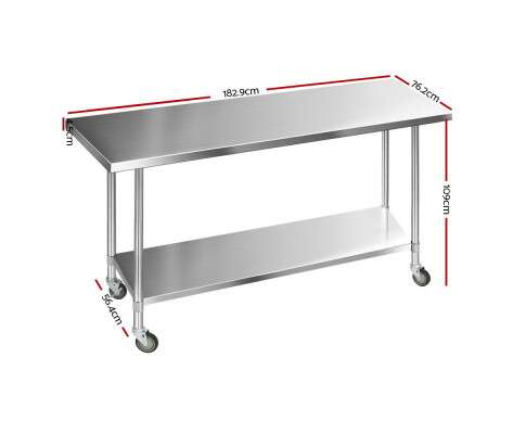 Cefito 1829 x 762mm Commercial Stainless Steel Kitchen Bench with 4pcs Castor Wheels SSKB-430S-76-WHEEL-72