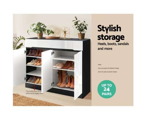 Artiss 120cm Shoe Cabinet Shoes Storage Rack High Gloss Cupboard Shelf Drawers FURNI-N-SHOE120-WHBK-AB