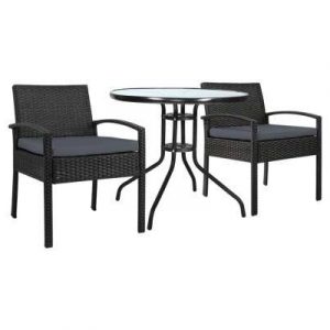 Gardeon Outdoor Furniture Dining Chairs Wicker Garden Patio Cushion Black 3PCS Sofa Set Tea Coffee Cafe Bar Set ODF-CHAIRSET-TEA