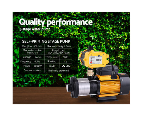 Giantz Multi Stage Water Pump Pressure Rain Tank Garden Farm House Irrigation 2000W Yellow Controller PUMP-ST5-SS-OG-YEL