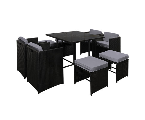 Gardeon Outdoor Dining Set 9 Piece Wicker Table Chairs Setting Black FF-DINING-9SET-BK