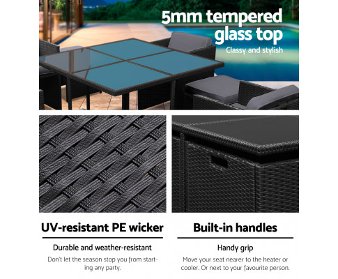 Gardeon 9 Piece Wicker Outdoor Dining Set - Black & Grey FF-DINING-9SET-BK