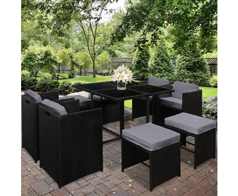 Gardeon 9 Piece Wicker Outdoor Dining Set - Black & Grey FF-DINING-9SET-BK