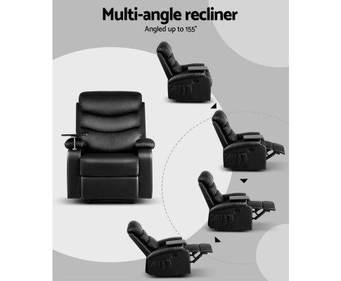Artiss Recliner Chair Armchair Lounge Sofa Chairs Couch Leather Black Tray Table RECLINER-A12-BK