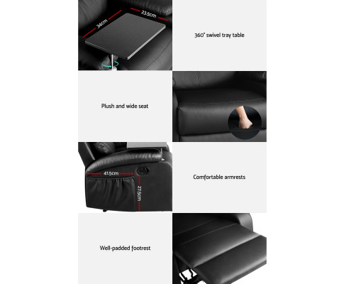 Artiss Recliner Chair Armchair Lounge Sofa Chairs Couch Leather Black Tray Table RECLINER-A12-BK