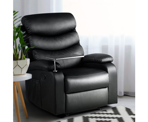 Artiss Recliner Chair Armchair Lounge Sofa Chairs Couch Leather Black Tray Table RECLINER-A12-BK
