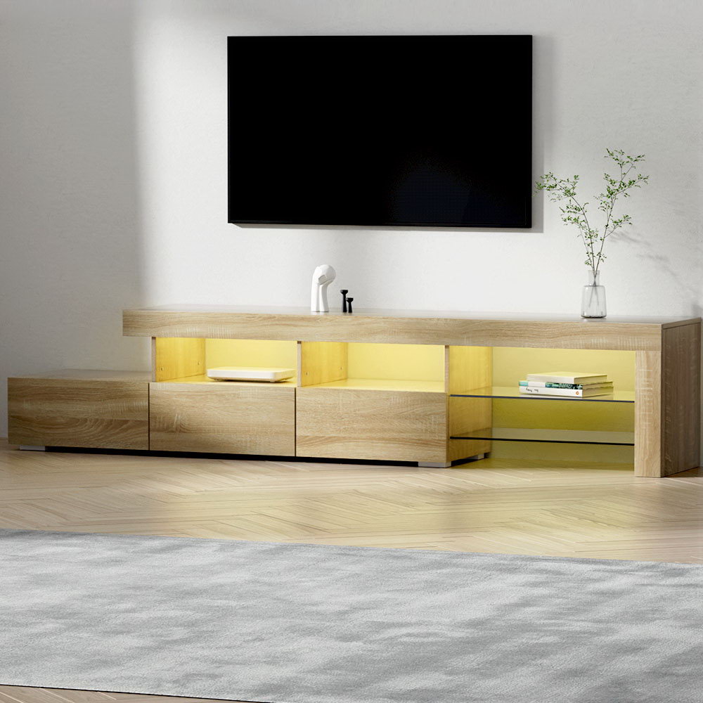 Artiss Entertainment Unit TV Cabinet LED 215cm Pine Caya FURNI-Q-LED-TV215-WD-AB
