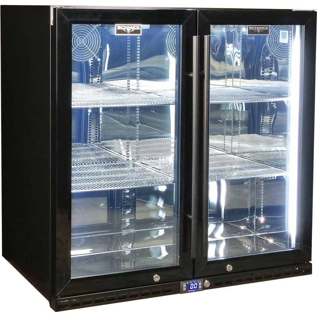 Schmick Black Quiet Running Front Venting Under Bench Heated Glass 2 Door Bar Fridge Model SK245-B-HD
