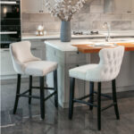 2x Velvet Upholstered Button Tufted Bar Stools with Wood Legs and Studs-Beige V226-SW1824BG