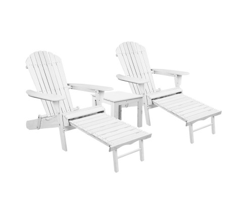 Gardeon 3PC Adirondack Outdoor Table and Chairs Wooden Sun Lounge Beach Patio White FF-BEACH-CHOT-3WH