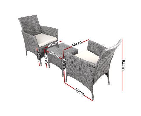 3 Piece Wicker Outdoor Chair Side Table Furniture Set - Grey ODF-BISTRO-RATTAN-GE