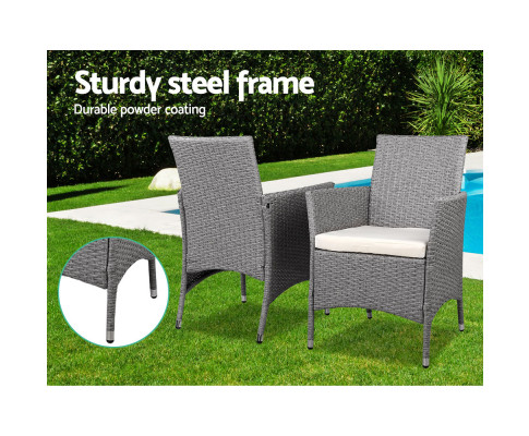 3 Piece Wicker Outdoor Chair Side Table Furniture Set - Grey ODF-BISTRO-RATTAN-GE