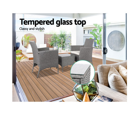 3 Piece Wicker Outdoor Chair Side Table Furniture Set - Grey ODF-BISTRO-RATTAN-GE