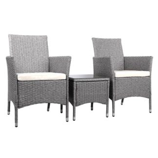 3 Piece Wicker Outdoor Chair Side Table Furniture Set - Grey ODF-BISTRO-RATTAN-GE