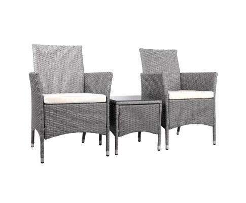 3 Piece Wicker Outdoor Chair Side Table Furniture Set - Grey ODF-BISTRO-RATTAN-GE